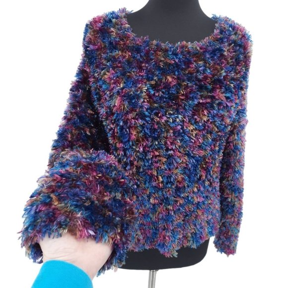 VTG 90s Cache Multicolor Fuzzy Eyelash Stretch Knit Pullover Sweater Size L - Picture 2 of 9